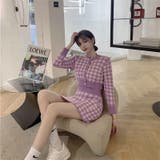 パープル | チェック柄カーディ+キャミ+ミニスカート 3点セット 秋服 | Sibra