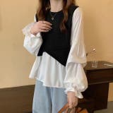 ブラック | ボリュームスリーブドッキングニットベストブラウス ニット 可愛い | Sibra