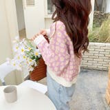 パープル | フラワ-柄ニットプルオーバー 韓国ファッション 可愛い | Sibra