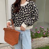 ブラック | フラワ-柄ニットプルオーバー 韓国ファッション 可愛い | Sibra