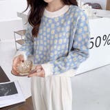 ブルー | フラワ-柄ニットプルオーバー 韓国ファッション 可愛い | Sibra