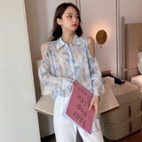 シフォンジョーゼットプリントオーバーサイズシャツ 韓国ファッション ブルー | Sibra | 詳細画像2 