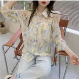 シフォンジョーゼットプリントオーバーサイズシャツ 韓国ファッション ブルー | Sibra | 詳細画像1 