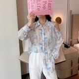 シフォンジョーゼットプリントオーバーサイズシャツ 韓国ファッション ブルー | Sibra | 詳細画像3 