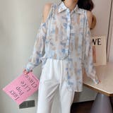 シフォンジョーゼットプリントオーバーサイズシャツ 韓国ファッション ブルー | Sibra | 詳細画像5 