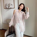 シフォンジョーゼットプリントオーバーサイズシャツ 韓国ファッション ブルー | Sibra | 詳細画像6 