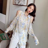 シフォンジョーゼットプリントオーバーサイズシャツ 韓国ファッション ブルー | Sibra | 詳細画像7 