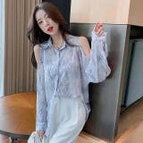 シフォンジョーゼットプリントオーバーサイズシャツ 韓国ファッション ブルー | Sibra | 詳細画像8 
