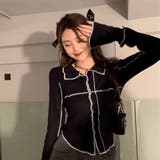 ブラック | polo衿トップス 柔らか 韓国ファッション | Sibra