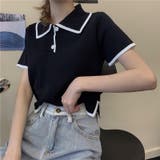 ブラック | ショート丈polo衿ニットトップス 韓国ファッション 夏服 | Sibra