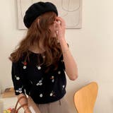 ブラック | 刺繍花柄ニットトップス 透かし 夏服 | Sibra