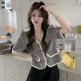 千鳥格子柄半袖トップス 韓国ファッション Vネック | Sibra | 詳細画像1 