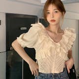 ベージュ | フリルニットトップス 韓国ファッション 夏服 | Sibra