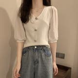 ホワイト | ニットブラウス 韓国ファッション 夏服 | Sibra