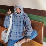グレー | 裏毛チェック柄パーカ- フード付き 韓国ファッション | Sibra