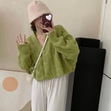 グリ-ン | ショート丈ニットカーディガン 韓国ファッション Vネック | Sibra