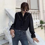 ブラック | フリルスリーブVネックボウタイリボンブラウス 春 韓国ファッション | Sibra