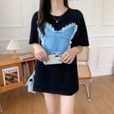 デニム刺繡蝶々綿100%Tシャツ シャツ 韓国ファッション | Sibra | 詳細画像16