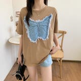 デニム刺繡蝶々綿100%Tシャツ シャツ 韓国ファッション | Sibra | 詳細画像2