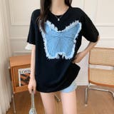 ブラック | デニム刺繡蝶々綿100%Tシャツ シャツ 韓国ファッション | Sibra