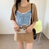 デニム刺繡蝶々綿100%Tシャツ シャツ 韓国ファッション | Sibra | 詳細画像3