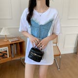 ホワイト | デニム刺繡蝶々綿100%Tシャツ シャツ 韓国ファッション | Sibra