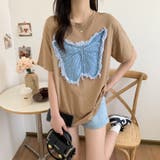 ベージュ | デニム刺繡蝶々綿100%Tシャツ シャツ 韓国ファッション | Sibra
