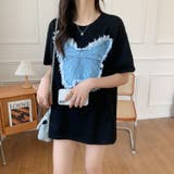 デニム刺繡蝶々綿100%Tシャツ シャツ 韓国ファッション | Sibra | 詳細画像8