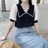 ブラック1 | ストライプボリューム袖ブラウス セクシー 夏服 | Sibra