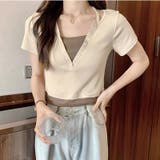 ベージュ | 後ろリボン配色半袖Tシャツ 夏服 セクシー | Sibra