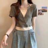 カーキ | 後ろリボン配色半袖Tシャツ 夏服 セクシー | Sibra