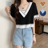 Vネックショートニットトップス 夏服 韓国ファッション | Sibra | 詳細画像1