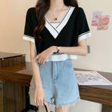ブラック | Vネックショートニットトップス 夏服 韓国ファッション | Sibra