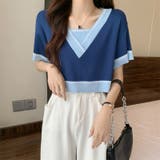 ブルー | Vネックショートニットトップス 夏服 韓国ファッション | Sibra
