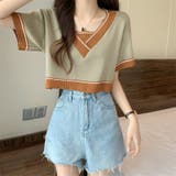 グリーン | Vネックショートニットトップス 夏服 韓国ファッション | Sibra