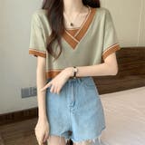 Vネックショートニットトップス 夏服 韓国ファッション | Sibra | 詳細画像2