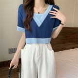 Vネックショートニットトップス 夏服 韓国ファッション | Sibra | 詳細画像3