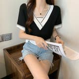 Vネックショートニットトップス 夏服 韓国ファッション | Sibra | 詳細画像4