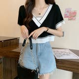 Vネックショートニットトップス 夏服 韓国ファッション | Sibra | 詳細画像6