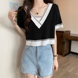 Vネックショートニットトップス 夏服 韓国ファッション | Sibra | 詳細画像8