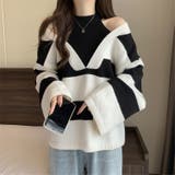 ブラック | 配色ストライプニットトップス 韓国ファッション 秋 | Sibra