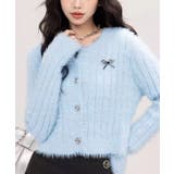 ブルー | フェミニンな装いを引き立てるリボンブローチ付きフワフワカーディガン カーディガン… | Sibra