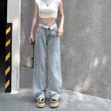 サックスブルー | レタリング配色デニムパンツ 韓国ファッション 夏服 | Sibra