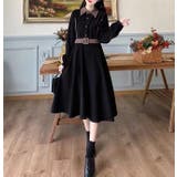 ブラック | 大人ガーリーな雰囲気が漂う。配色ベルド付きワンピース 春服 韓国ファッション | Sibra