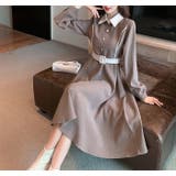 モカベージュ | 大人ガーリーな雰囲気が漂う。配色ベルド付きワンピース 春服 韓国ファッション | Sibra