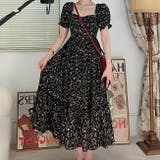 ブラック | 小花柄シフォンワンピース 韓国ファッション パーティードレス | Sibra