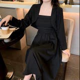 ブラック | ボレロ付きバックシャーリングキャミワンピース2点セット 春 韓国ファッション | Sibra