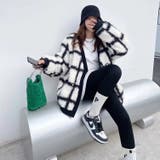 チェック柄ノーカラーボアジャケット 韓国ファッション アウター | Sibra | 詳細画像4 
