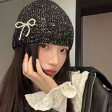 ブラック | スパンコールリブ編みニット帽 パールリボン付きキラキラブラックビーニーキャップ | Sibra