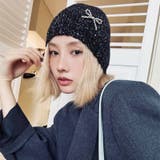 スパンコールリブ編みニット帽 パールリボン付きキラキラブラックビーニーキャップ | Sibra | 詳細画像1